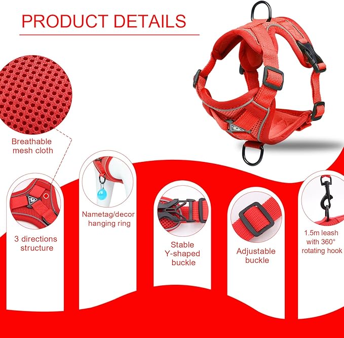 Cat Harness and Leash Set for Outdoor Walking, Upgraded Escape Proof Adjustable Kitten Vest with Lead for Small Cat, Soft Breathable Mesh Jacket with Reflective Strips for Dark Night (S, Fresh Red)