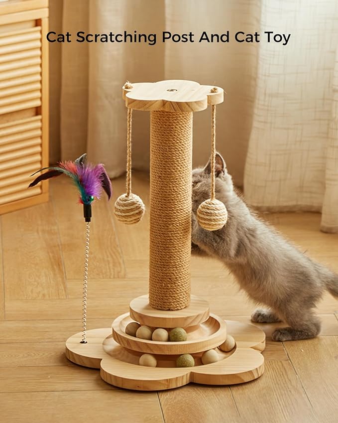 Cat Scratching Post for Kittens, 4 in 1 Wooden Cat Scratcher Toy, 17.7" Tall Scratch Post with 2 Level Cat Track Balls, Interactive Feather Toy and 2 Sisal Hanging Balls for Indoor Kittens