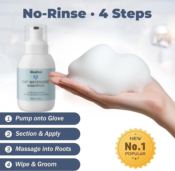 Cat Shampoo & Conditioner 2-in-1, waterless Bath — Hydration & Itch Relief — Detangles & Soothes Dry Skin, Anti-Static — Oatmeal, Aloe, Silk Protein — Low-Residue & pH-Balanced — 500 mL + Glove
