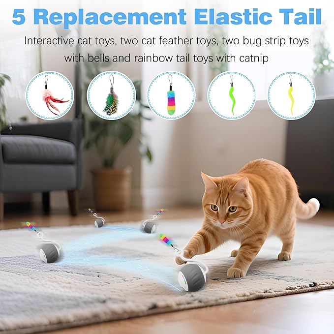 2.36 Inches Large Cat Toys Ball - Won’t Get Stuck, [Newly Upgraded] Sound & Motion-Activated, 2 Speed Fast/Slow Settings Automatic Interactive Cat Toy for Indoor Cats with 5 Tails Rechargeable - Gray