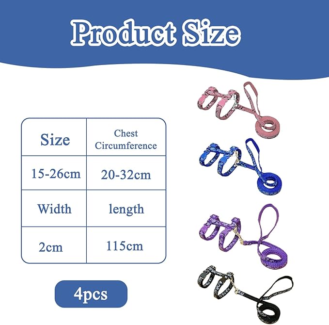 4 Pack Cat Harness and Leash Set with Collar, Escape Proof & Adjustable Kitten Harness for Small to Medium Cats, Walking & Travel Set (Sky Blue+Pink+Purple+Black)