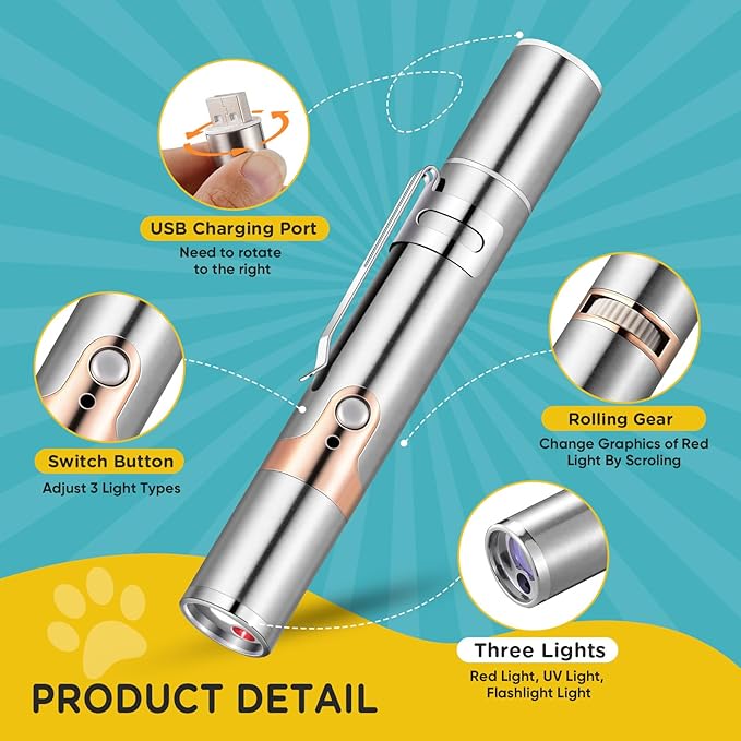 Koackl Cat Toy for Indoor, USB Rechargeable Cat Toy, 3 Light Colors Cat Interactive Toys for Dogs, Cats, Pet Chase Toy for Fun Playing Training Exercise Indoors