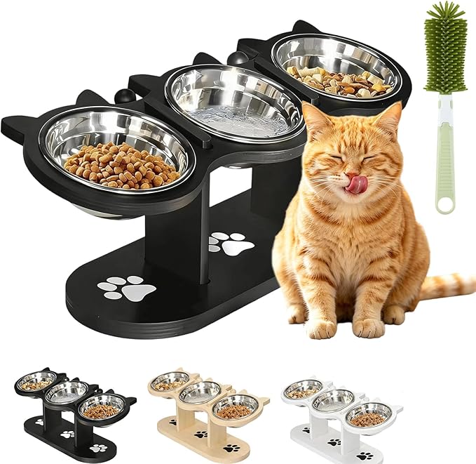 2026 New Anti-Slip Elevated 3-Bowl Pet Feeder, Cat Bowls With Stand Tilted, Stainlesssteel Cat Feeding Station, Ergonomic Elevated Cats Bowls With Wooden Base, Pet Feeding Station For Food & Water (E)