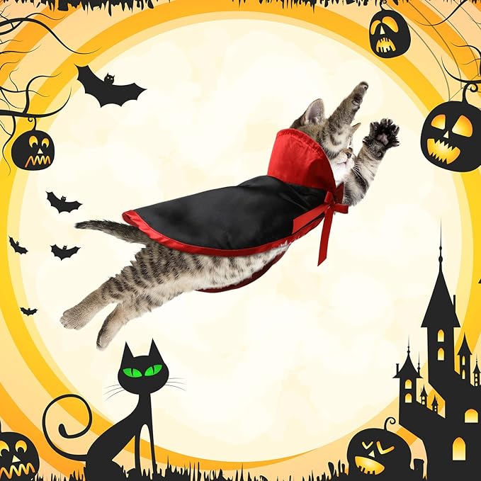 Potchen 5 Pcs Cat Halloween Vampire Costume Halloween Pet Costume Clothes Set Cat Vampire Cloak Devil Witch Hat Bat Wings Wizard Clothes for Puppy Cosplay Dress up Accessories