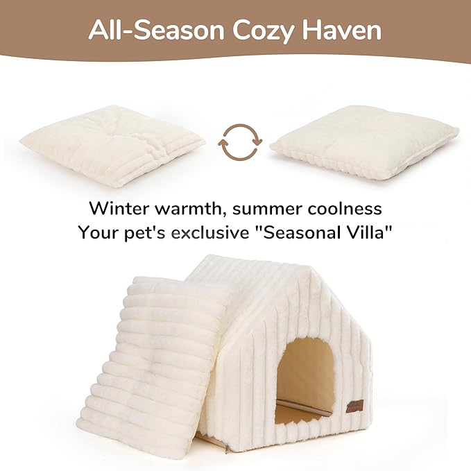 FUKUMARU Cat Houses for Indoor Cats, Washable Cute Cat Bed Cave with Removable Pillow, Large Semi-Enclosed Cozy Dog House Indoor, Soft Faux Rabbit Fur Kitten Bed, 17.5-Inch Cat Hideaway, Cream