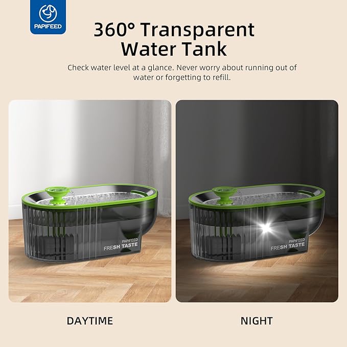 PAPIFEED Cat Water Fountain Stainless Steel with a Silicone Mat, 84oz/2.5L Automatic Pet Water Fountain with LED Water Level Window, Quiet Low Power Cat Water Bowl & Cat Water Dispenser (Green)