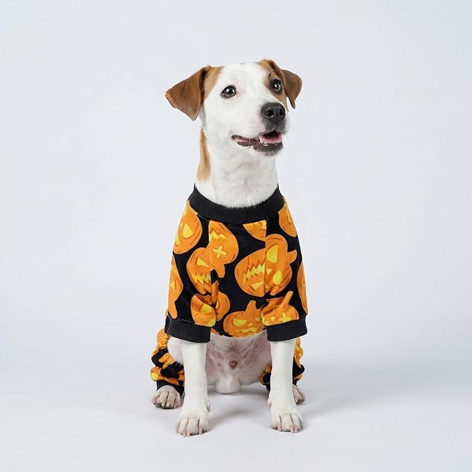 Fitwarm Halloween Pumpkin Dog Pajamas, Funny Dog Winter Clothes for Small Dogs Girl Boy, Pet Jumpsuit, Cat Halloween Costumes with Feet, Lightweight Velvet, Black, Orange, XXL