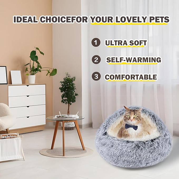 Cat Bed for Indoor Cats, Calming Cozy Cave with Self-Warming Plush, Entire Bed Machine Washable & Anti-Slip Base, Breathable Pet Bed for Small Cats&Dogs All Seasons (Grey, 24 * 24inch)