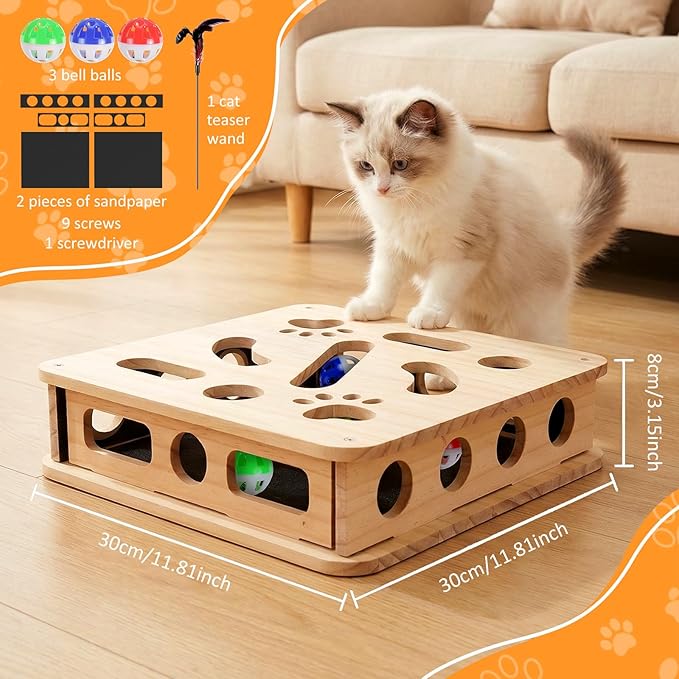 2026 Upgrade Cat Nail File Box, No Assembly Required, Solid Wood Cat Nail File Enrichment Box with 3 Bell Balls, 1 Teaser Wand & Replacement Sandpaper, Stress-Free Alternative to Clippers & Grinders