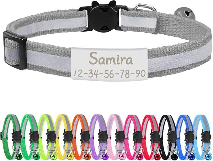 CAMAL Reflective Cat Collar Personalized with Pet ID Tag, Safety Breakaway Cat Collar with Name Tag, Grey Kitten Collar with Bell for Boy Girl Cats Puppies