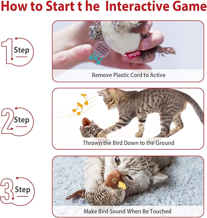 Gigwi Chirping Bird Cat Toy Set, Interactive Chasing Toy for Indoor Cat, Motion Activated Kitten Play Toys, Squeaky Cats Animal Feather Toy for All Breeds Cats Kicker
