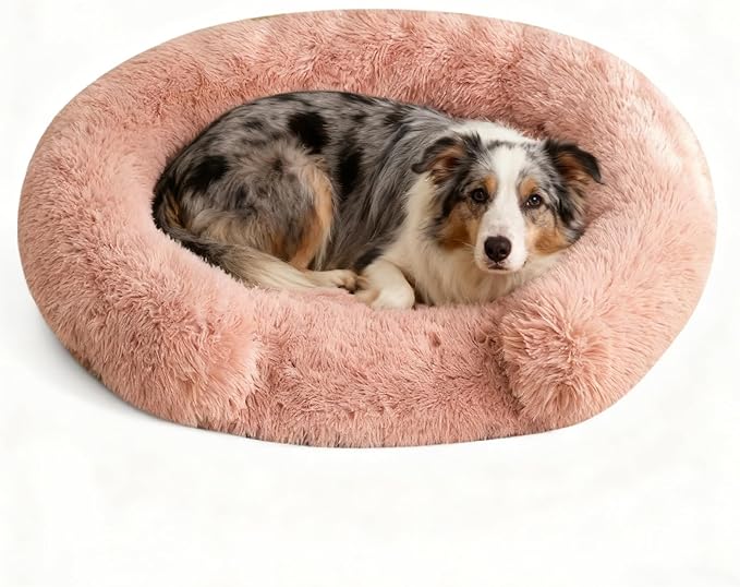 Calming Dog & Cat Beds with Orthopedic Egg-Crate Foam Raised Rim, Soft Long Plush Pet Sofa Couch Bed for Medium Dogs, Anxiety Relief Spine Support, Machine Washable (Round, Blush Pink 28")