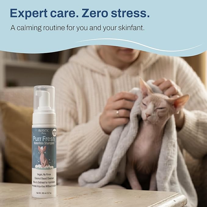 Avantic Pets Sphynx Cat Dry Shampoo, Waterless No-Rinse Skin Cleanser for Hairless Cats, Alcohol & Paraben Free, Hydrates & Soothes, 200ml