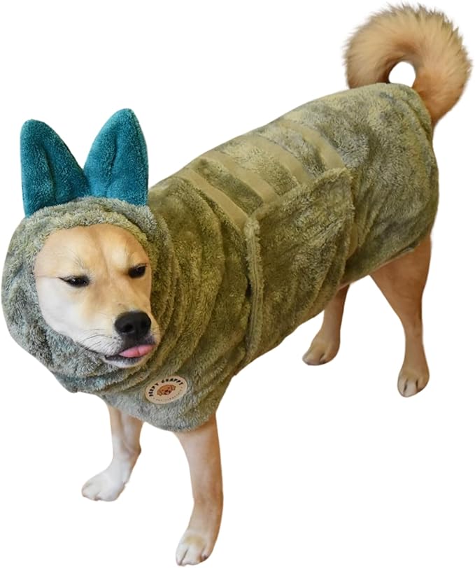 DERPYCHAPPY Premium Dog Towel Robe & Dog Bathrobe for Drying Dogs Made in Korea | Super Absorbent Quick & Adjustable Microfiber Bath Towel for Cats & Puppy Robes After Bath | Soft Warm Coat (Olive L)