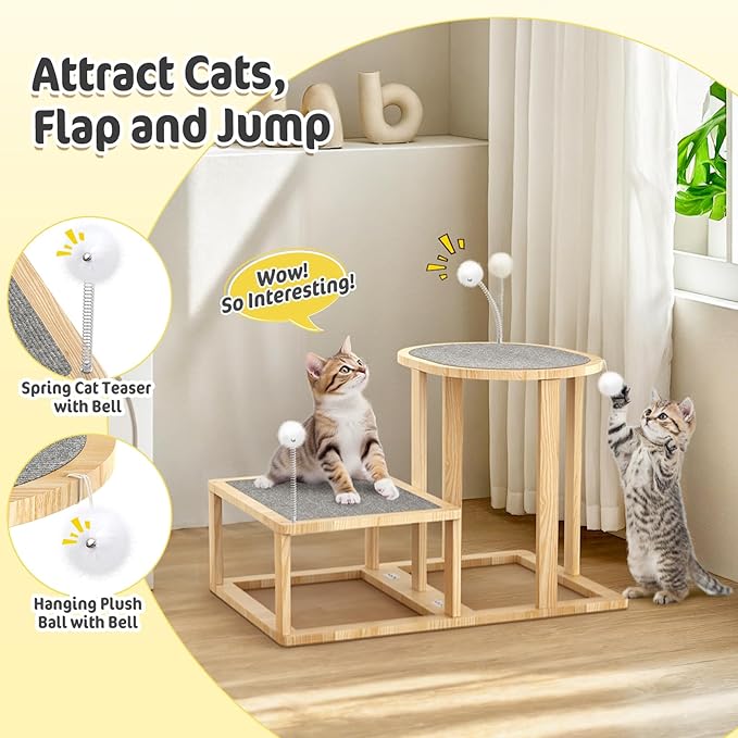 Pawaboo 16.9in Cat Tree Tower, 2-Level Cat Scratch Post with Scratching Mats, Cats Teasers & Hanging Ball, Cats Tree for Indoor Kittens, Natural Wooden Scratcher Beds & Furniture for Kitties