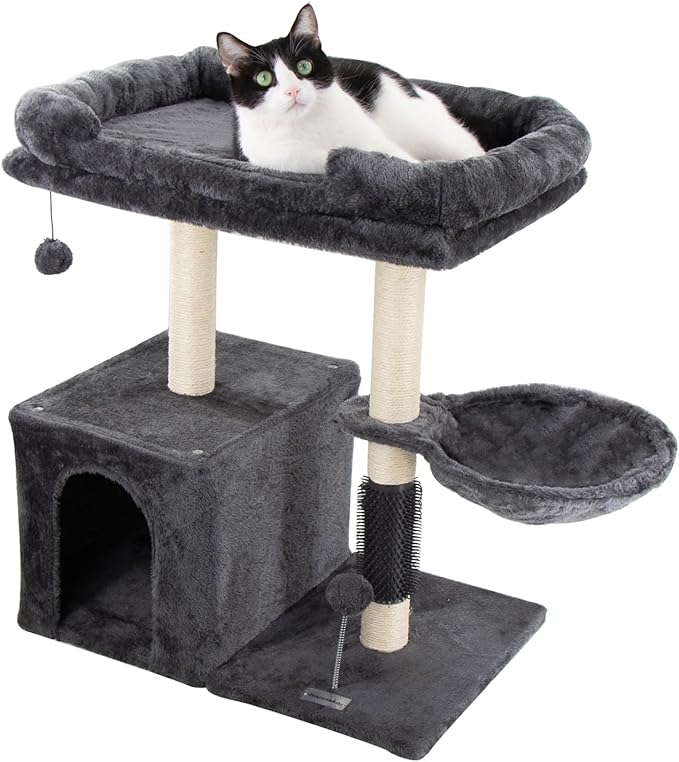 28.4" Small Cat Tree Tower,Cat Scratching Post for Indoor Cats,Featuring with Cat Cave & Cozy Perch,Cat Self Groomer and Interactive Dangling Ball Great for Kittens/Cats (Smoky Gray, Large)