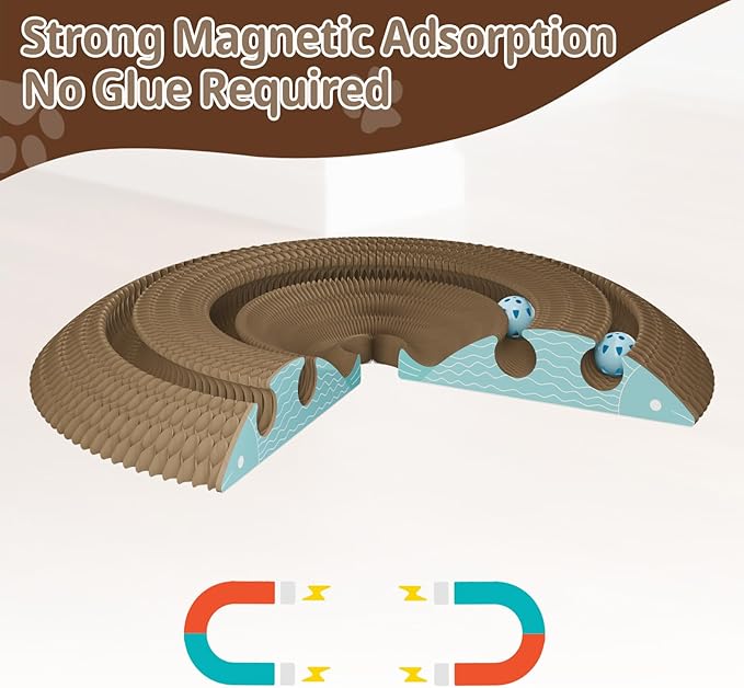Kitty Curls Magic Organ Cat Scratching Board with 2 Bell Ball,Foldable Accordion Kitty Cat Scratcher,Corrugated Cardboard Scratching Pad,Blue Big Fish