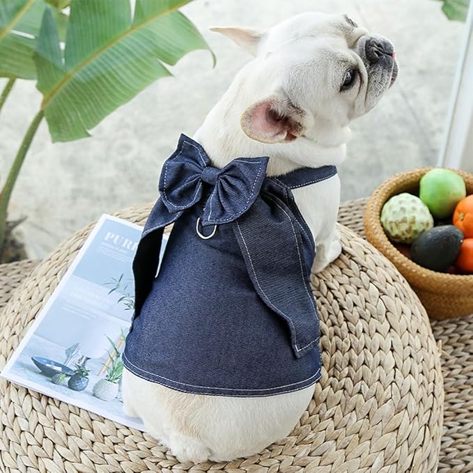 Denim Pet Dress & Vest Harness for Dog Cat, Male Female Universal with D-Ring, Bow Decor Ruffled Skirt Breathable Clothes for Small to Large Pets (Small, Jacket-Cyan Denim)