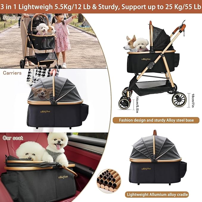 MILA&LOUIS Cat Stroller, 24" Pet Cradle, Lightweight & Stylish Dog and Pet Stroller for Medium and Small Pets, 25 Lbs Capacity with Cup Holder, Hook, Detachable Aluminum Cradle (Black)