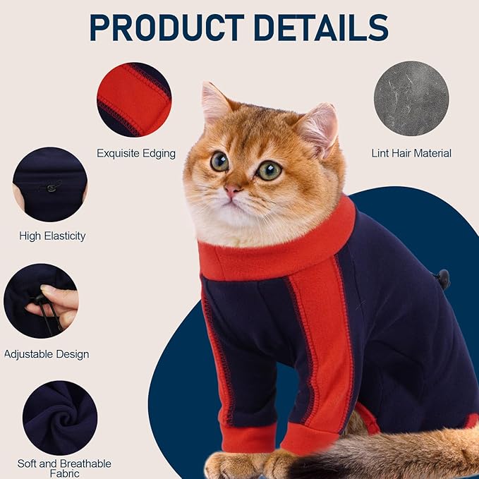 Cat Pajamas for Cats Only, Sticky Hair Cat Clothes, Long Sleeve Sphynx Clothes, Anti-Licking or Skin Disease Recovery Suit for Female Cats, Kitten Onesie Pajamas, DarkBlue, 2XL