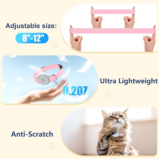 AirTag Cat Collar, Breakaway Air Tag Cat Tracker Collar with Integrated Airtag Holder Compatible with Apple Air Tag, Ultra Elastic & Comfortable Pet Tracking Collars for Cats Kittens (Pink)