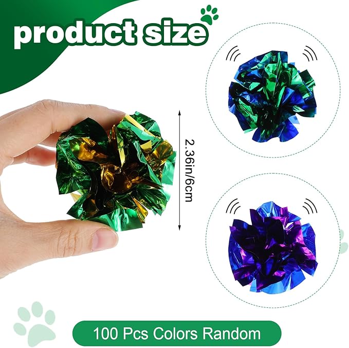 100 Pcs PVC Crinkle Balls Cat Toys 2.36" Interactive Crinkle Ball, Colorful Balls Chew Toy for Cat Chase Ball Toys Attract Cats for Indoor Cats and Kittens to Keep Fit and Active(Colors Random)