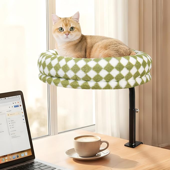 Sunhoo Cat Desk Bed 360° Rotating Height Adjustable Desktop Mount Hammock Kitten Perch Easy Setup Kitty Nest Table Clamp-on Attachment for Indoor Cats Washable 17" Diameter Hold Up to 40lbs（Green）