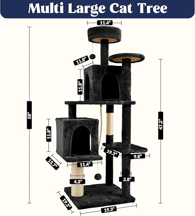 58 Inch Cat Tree Cat Tower for Indoor Cats Tall Cat Condos Scratching Post with Hanging Toy Furniture for Kitten Pets Play, Yellow Beige
