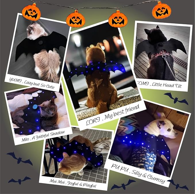 LED Bat Wings for Pets - Halloween Costume with 20 Lights, 4 Modes, Adjustable Fit for Cats & Dogs, Safe Soft Material for Party Trick or Treat （M Size）