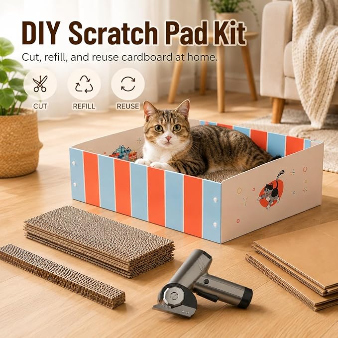 DIY Cat Scratcher Box Kit with Electric Cardboard Cutter – Turn Shipping Boxes Into Fresh Cat Scratch Pads, Reusable Cardboard Cat Scratching Bed for Indoor Cats, Make Your Own Refills at Home