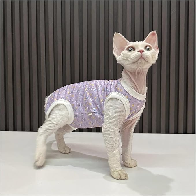 Hairless Cat Clothes, Sphynx Cat Clothes, Sphynx Cat Clothes Summer Cotton T-Shirts Cute Animal Four Leg Jumpsuit Pullover Vest Round Collar Kitten Shirts Sleeveless Cat Apparel(Purple Rabbit,M)