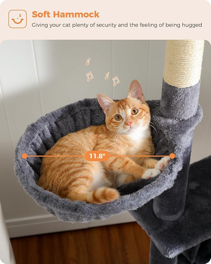 MUTTROS Cat Tree for Large Cats Adult with Super Large Top Perch, 56.3" Tower with Plush Hammock, Shelves and Dangling Pompom, Scratching Posts and 2 Condos House, Dark Gray