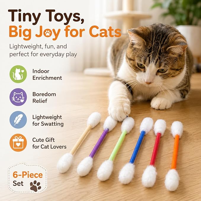Cotton Swab Cat Toys with Catnip, 6 Pack Catnip Toys for Indoor Cats, Giant Kitty Kicker Plush Chew Sticks, Durable Felt Interactive Cat Toys for Kittens and Adult Cats (Colorful)