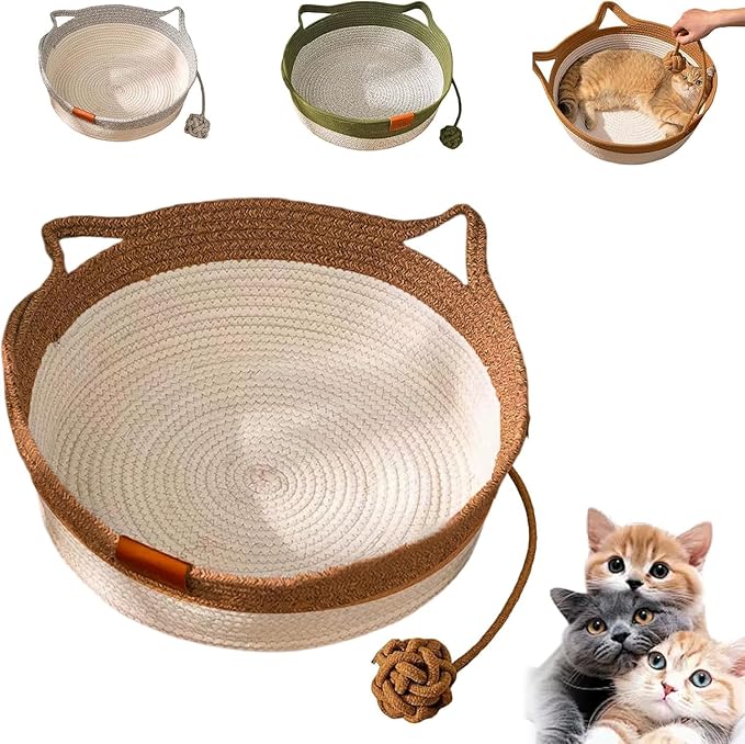 Instinct Basket for Cats - Handwoven Cotton Rope Enrichment Bed with Attached Toy Tail, Scratchable Interactive Pet Nest Features Flexible Walls to Fight Boredom & Protect Furniture (Brown)