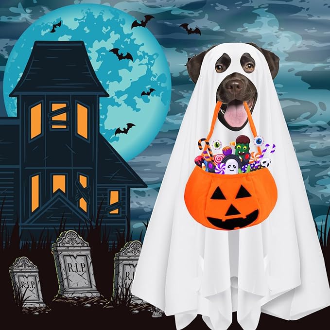 Dog Ghost Halloween Costume 2PCS Funny Ghost Face Cape Pumpkin Bucket White Ghost Poncho for Large Dogs Trick or Treat Bags Spooky Outfit Cosplay Ghost Clothes (Medium)