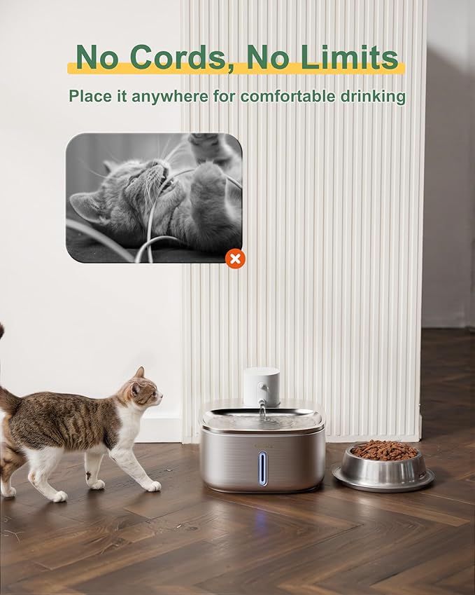 Gimars Wireless Cat Water Fountain Stainless Steel,108oz/3.2L Pet Water Fountain with Motion Sensor for Cats and Dogs, 5000mAh Battery Operated,Ultra Quiet Cat Drinking Fountain with 2 Filters