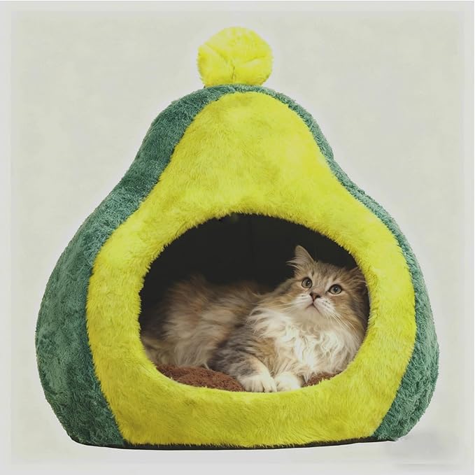 Cat Bed for Indoor Cats - Adorable Cozy Avocado Cat Cave with Removable Cushion, Super Soft Pet House Tent for Kittens & Small Pets, Warm and Washable Non-Slip Design