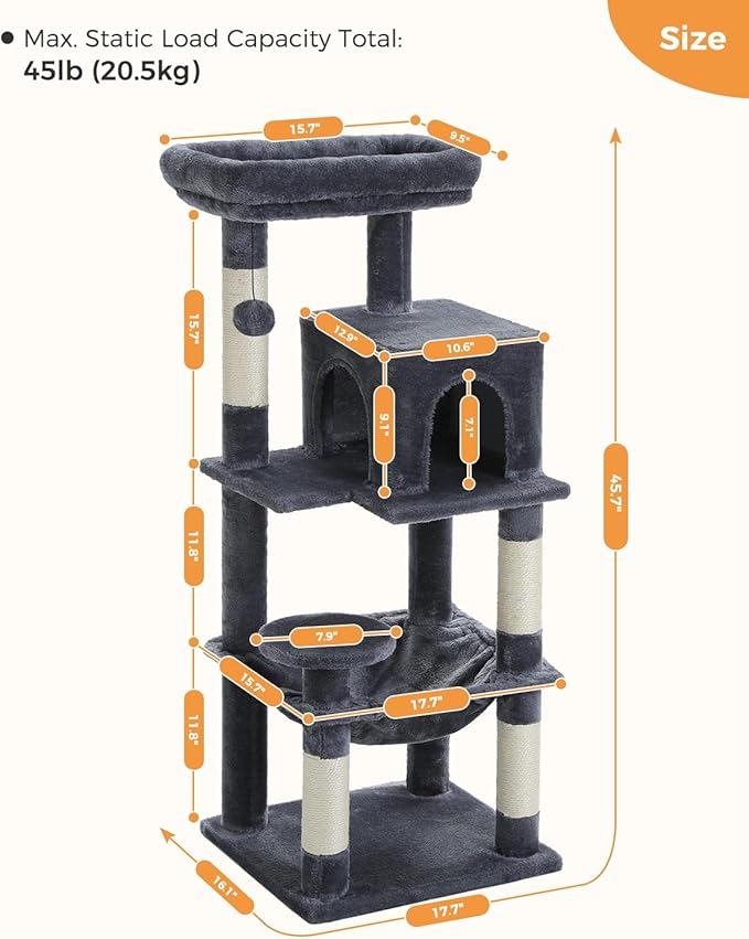MUTTROS Cat Tree for Indoor Cats, 45.7" Multi-Level Cat Tower with Large Metal Frame Hammock, Cat Condo with 4 Scratching Posts and Top Perch for Small Medium Cat, Dark Grey
