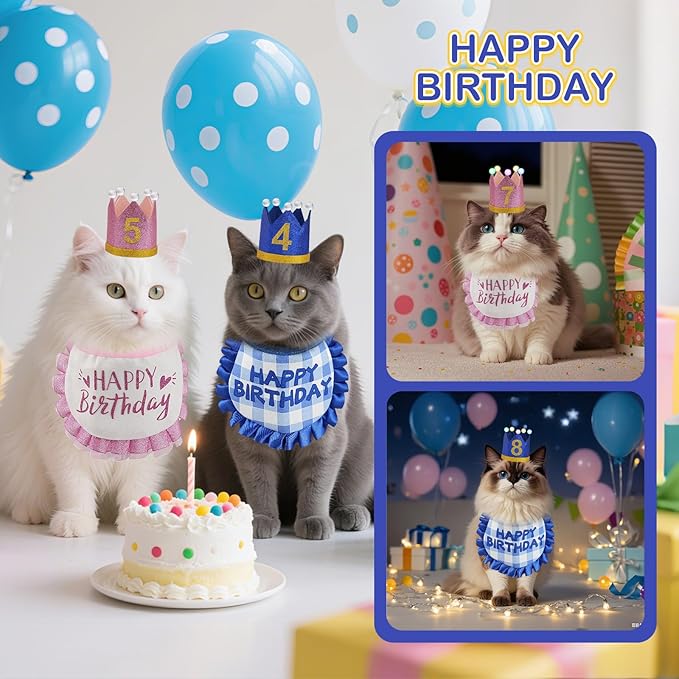 Cat Birthday Hat with Bandana, Light Up Party Outfit, Sapphire Blue