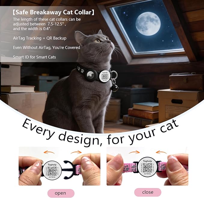 4-in-1 Safety Cat Collar: Glow in The Dark, Reflective, QR Code ID & Airtag Holder | Breakaway Collar with Bell & Moon Star Pendant, 2PCS Adjustable Safe Kitten Collars (Purple)