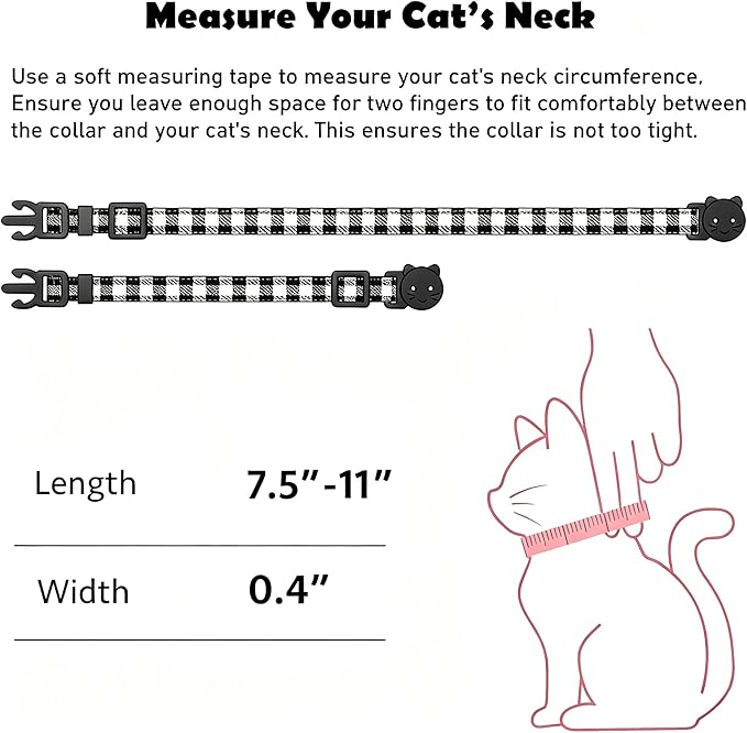 2 Pack Cotton Breakaway Cat Collars with Bell and Charms Black Solid Plaid Safety Collars for Girl Boy Cats, Cat Head and Paw Pendant Cute Kitten Collars