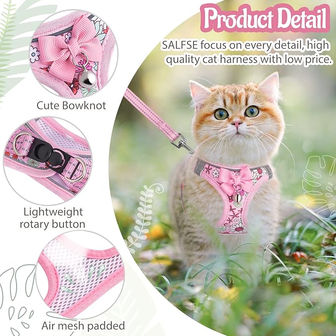 Cat Harness and Leash Escape Proof for Walking, Adjustable Soft Kitten Harness with Reflective Straps Step in Cat Vest Harness for Small Kitten and XS Dogs (Pink, L-Chest(15.7"-17.7"))