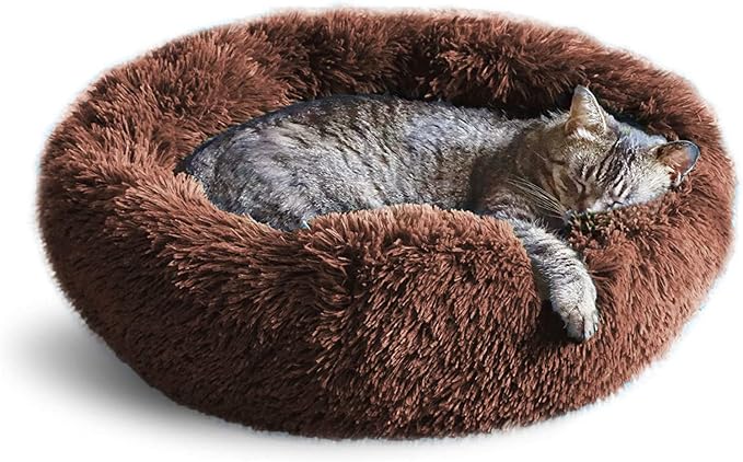 Whiskers & Friends Cat Beds for Indoor Cats, Fluffy Calming Donut Cat Bed, Small Dog Bed Washable - Orthopedic Soft Plush Pet Beds Sized for Kitten to Large Cats & Puppy to Small Dogs, Chocolate Brown