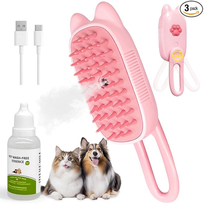 Pet Steam Brush for Dogs and Cats, Spritz Defur Comb 3 in 1 Pet Rechargeable Steam Brush Tool for Long and Short Haired Cats and Dogs, Anti-Static, Shedding, Detangling, Massage & Combing (pink)