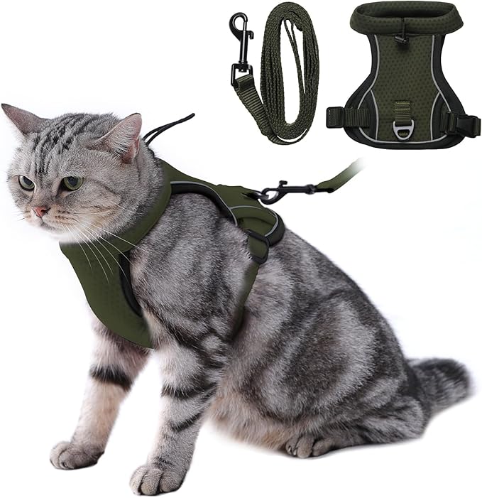 LIANZIMAU Cat Harness and Leash Escape Proof,Adjustable Cat Harness for Outdoor Walks with Reflective Strip, Lightweight and Soft Mesh Vest