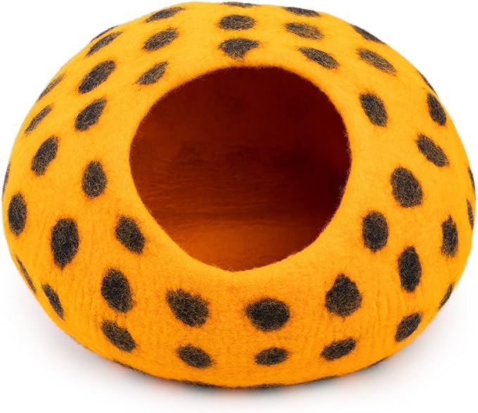 Woolygon Premium Felt Cat Cave Bed – Wool Kitty Beds Handcrafted Kitten Caves Bed for Indoor Cats - Made from Merino Wool, Foldable Cat Hideaway Covered Cat House Pod (Orange Polka)