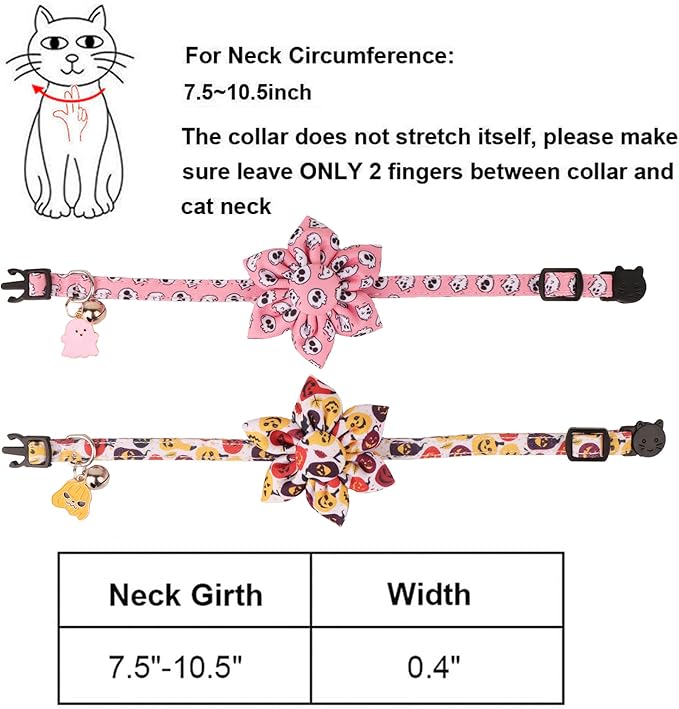 ADOGGYGO Halloween Cat Collar with Floral, 2 Pack Halloween Kitten Flower Collar, Pink Ghost Pumpkin Collars for Cats Kittens