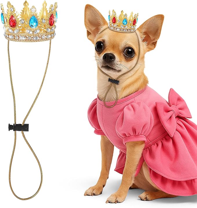Abbylike Pet Princess Crown for Dog Cat Pink Halloween Costume with Adjustable Strap Gold Glitter Rhinestone King Crown Hat for Pet Birthday Party Adoption Celebration Photos Prop Cosplay Accessory(S)