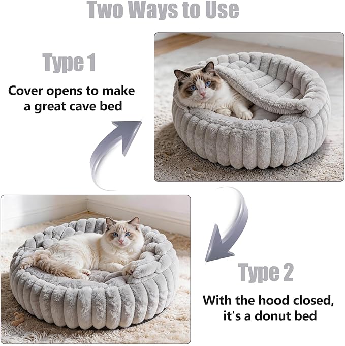 Cat Beds for Indoor Cats, 2 in 1 Cat Cave Bed Kitten Bed for Small Pets, Small Dog Bed with Cover, Pet Bed for Puppy and Kitten with Anti-Slip Bottom-Light Gray-24 inches