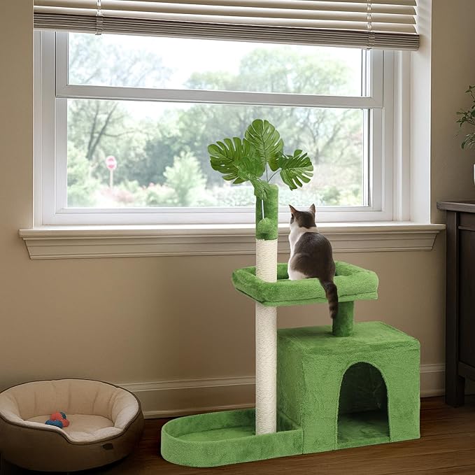40in Cat Tree with Leaves, Multi-Level Cat Tower with Scratching Post, Cozy Condo & Padded Perch, Dangling Ball Toy for Kittens and Indoor Cats, Compact Cat Furniture for Small Spaces, Green